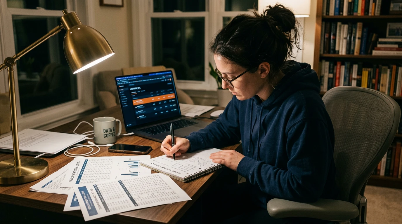 Analista revisando estadisticas NBA y cuotas antes de realizar una apuesta en vivo